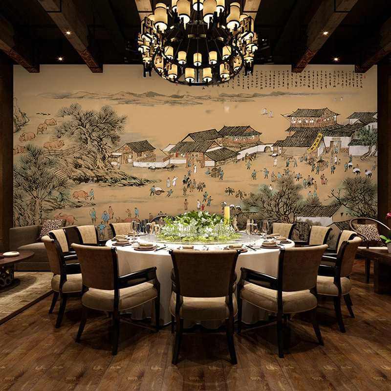 清明上河图壁画3d古代建筑墙纸酒店餐厅壁纸火锅饭店装修背景墙布