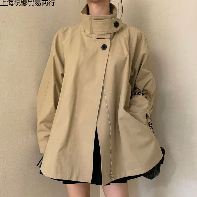 韩国秋季复古小众立领两粒扣设计感宽松休闲长袖风衣外套女-阿里巴巴
