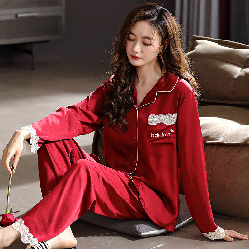 Pajamas for Women Spring and Summer Ice Silk Silk Red Spring and Autumn Wedding Bride Women's Cardigan Homewear Autumn and Winter