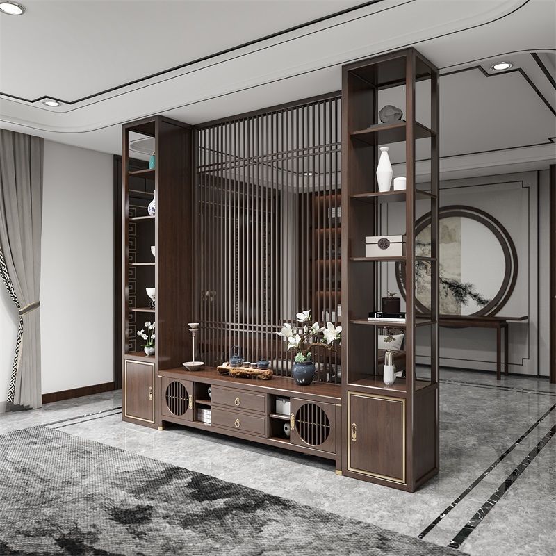 新中式电视机柜背景墙一体客厅中间隔断柜整装屏风实木置物架