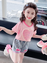 女童亮片爱心短袖套装2024夏季新款韩版两件套一件时