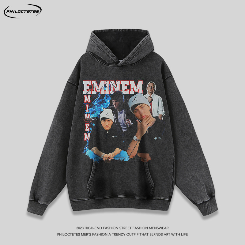 欧美高街hiphop说唱人像印花做旧连帽卫衣男女复古嘻哈帽衫tee潮