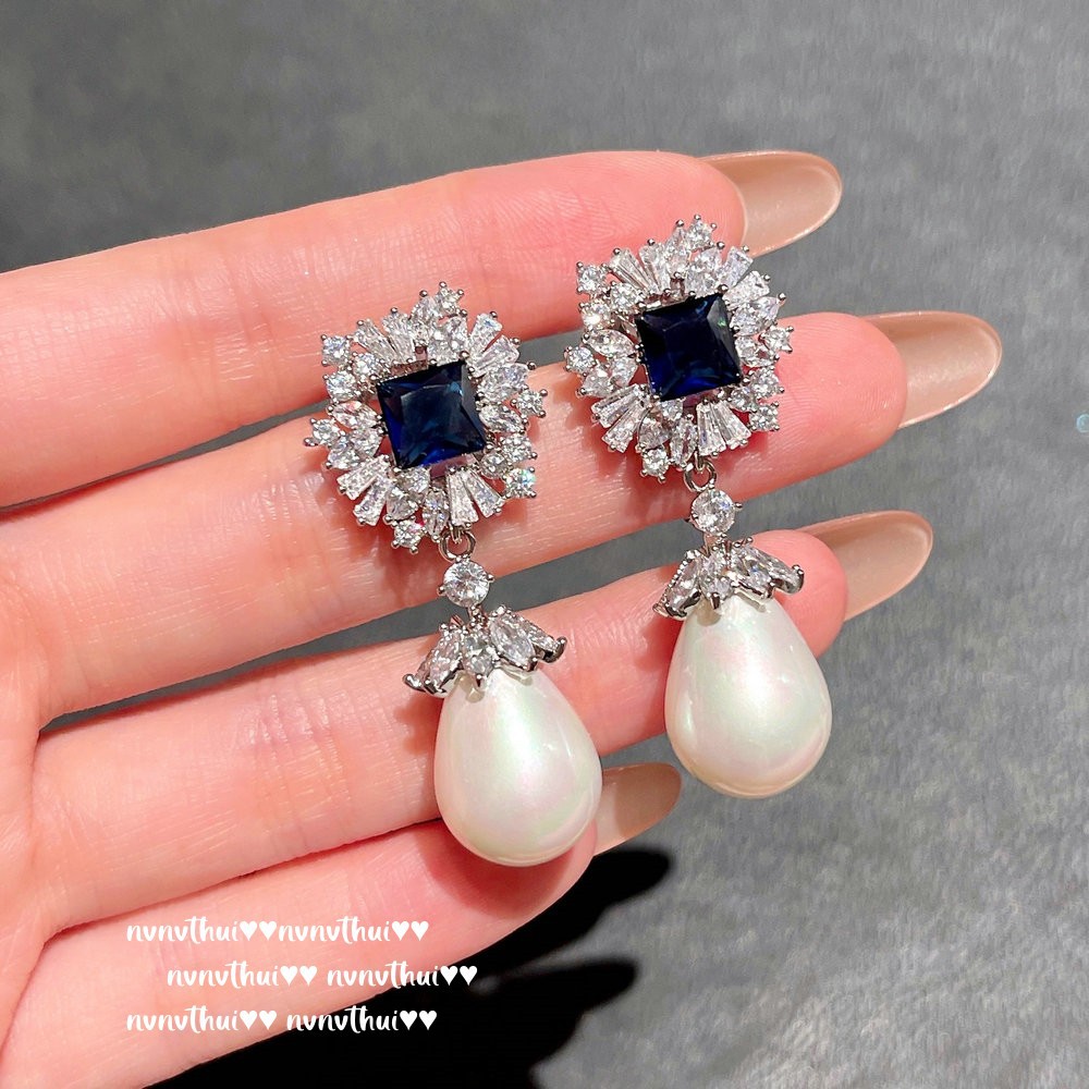 奥地利蓝宝石花瓣澳白珍珠耳环 大溪地 镀18k金 海蓝花瓣锆石戒指