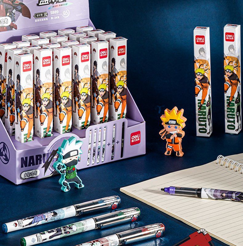 一件包邮得力火影忍者直液笔盲盒0.5mm黑色全针管可换芯动漫签字