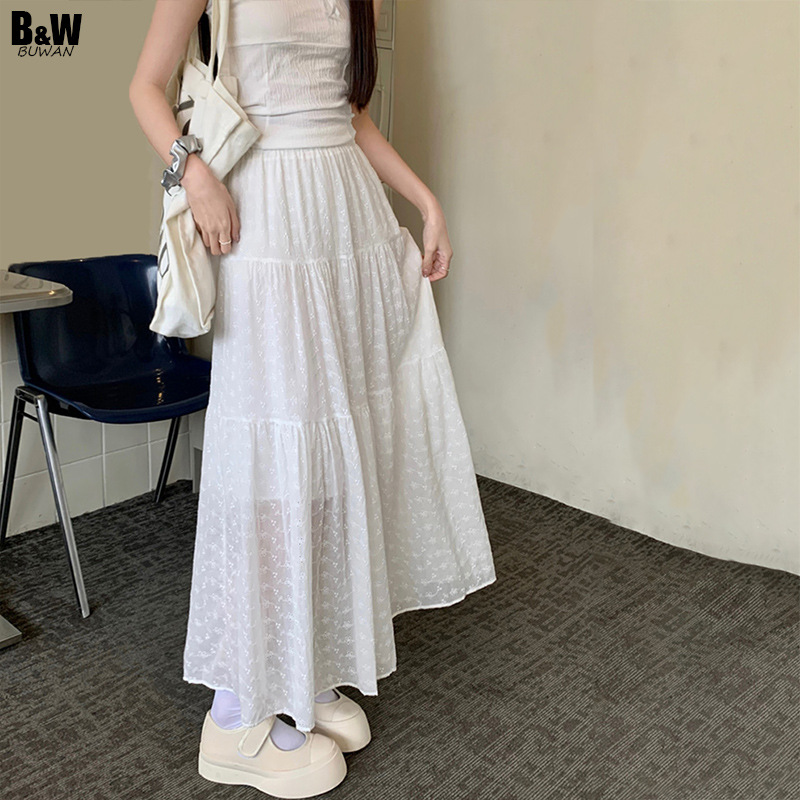 白色棉质刺绣镂空半身裙2024春夏新款高腰显瘦拼接韩版简约a字裙