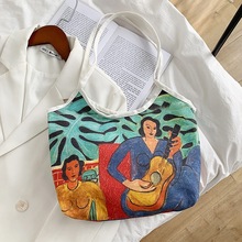 油画帆布单肩包休闲时尚设计购物袋文艺简约布袋大容量托特包