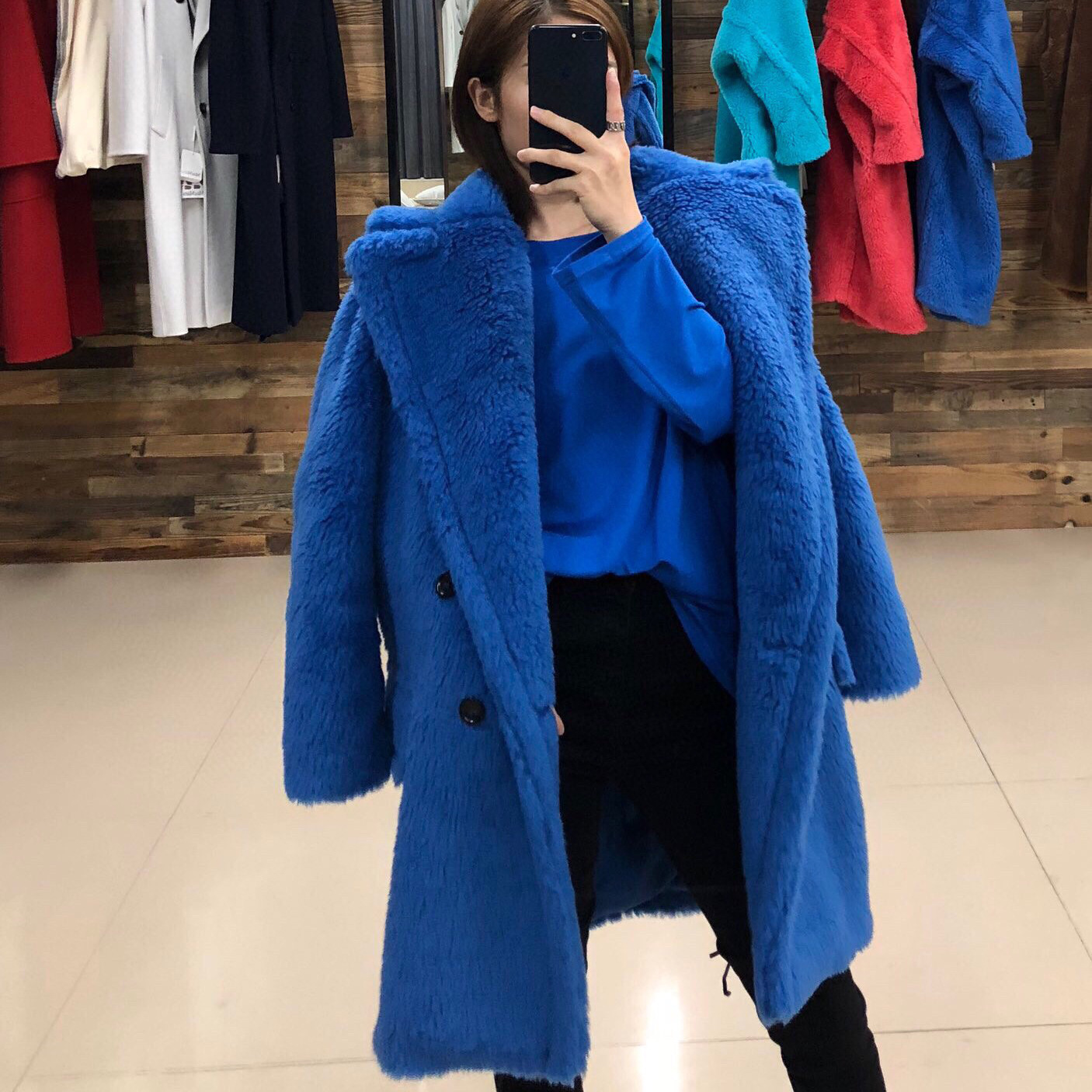 泰迪熊大衣女中长款蓝色teddy2021冬季新款羊毛皮草外套