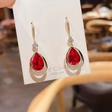 红色水晶耳环气质高级感韩国时尚网红同款耳饰超仙百搭水滴耳坠女