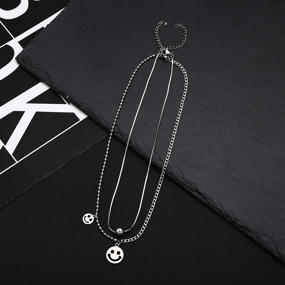 Korean Style Retro Titanium Steel Necklace Personalized Hip Hop Double-Layer Stacked Stainless Steel Necklace Ins Style Pendant Sweater Chain