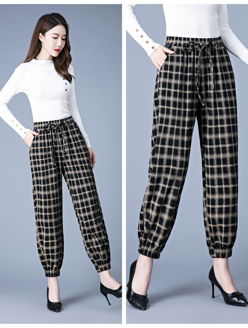 妈妈萝卜裤秋季长裤中老年花裤子女中年50岁春秋款宽松格子哈伦裤