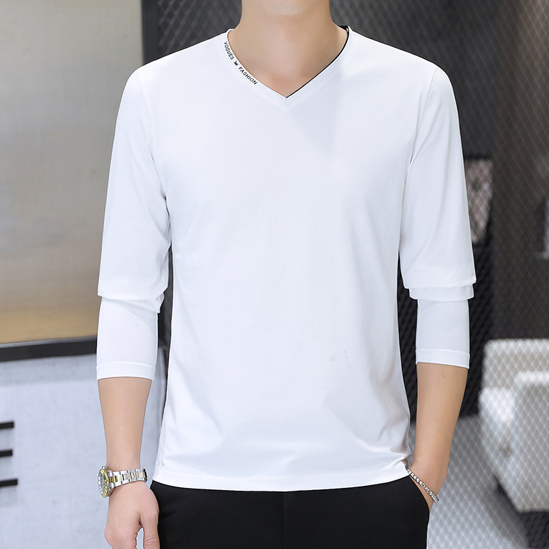 秋季新款男装青年时尚体恤免烫长袖上衣字母v领t恤潮流男士打底衫