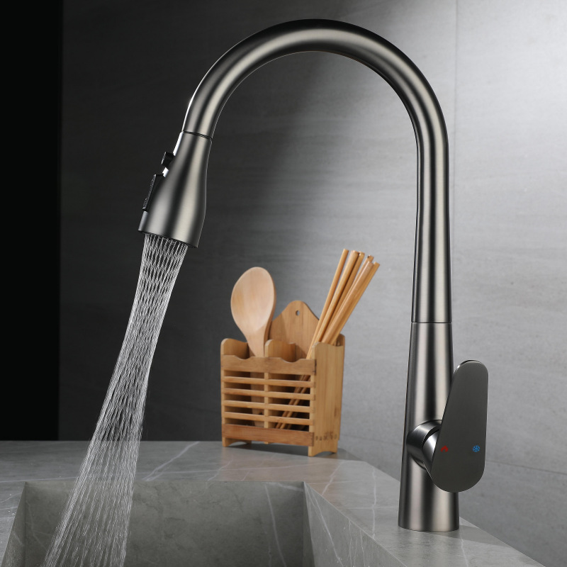 Gun Gray Hot and Cold Pull Scraping Faucet Three Functions Kitchen Sink Dishwashing Pull Sink Faucet Sus304