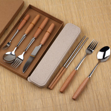 木柄西餐餐具套装牛排刀叉两件套不锈钢勺子筷子三四学生便携礼盒