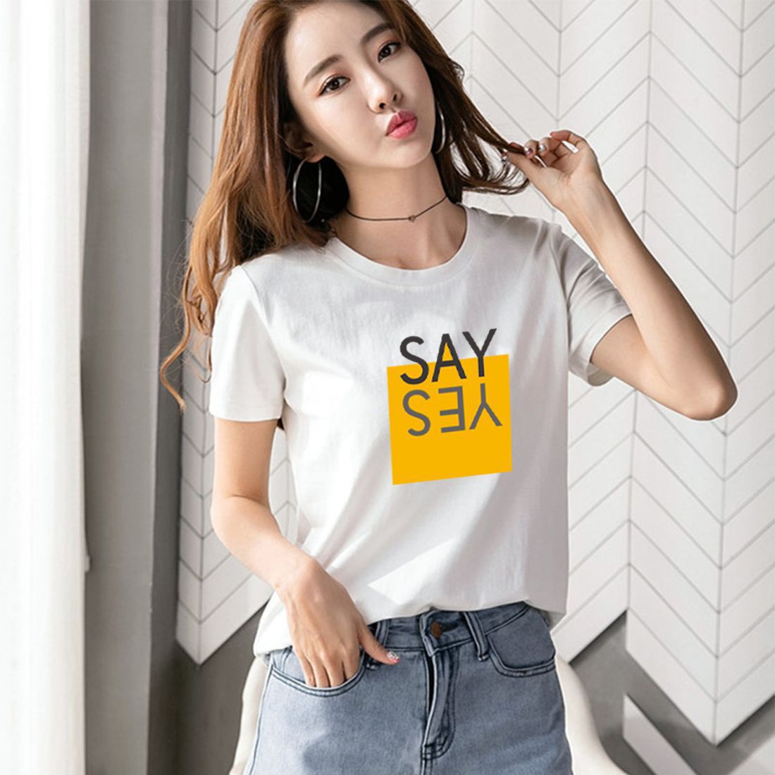 New Pure Cotton Short Sleeve T-shirt Women's Loose Summer Versatile Hip Hop Style White round Neck 100% Cotton Top Ins Fashion Wholesale