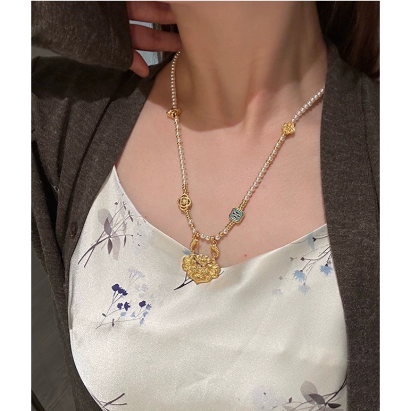 倾尽年华新中式项链古法沙金项链锦鲤平安如意锁吊坠珍珠项链女新