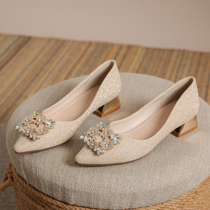 法式尖头浅口鞋子女粗跟2024年春季不累脚低跟大码40-43单鞋方扣