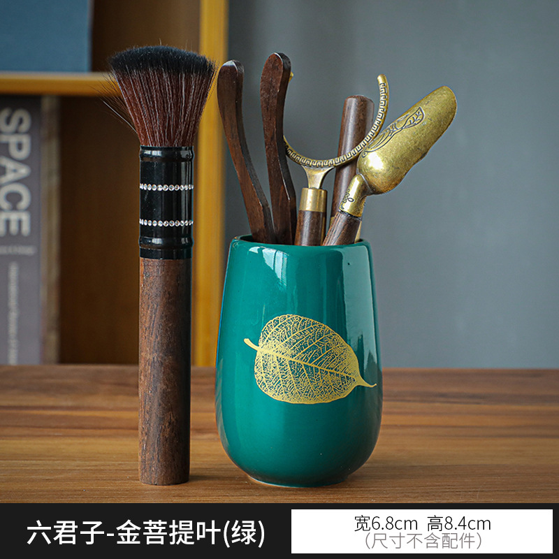 Tea Ceremony Six Items Tea Utensils Ebony Wooden Tea Clamp Tea Spoon Tea Pin Complete Set of Ceramics Tea Container Gift Suit