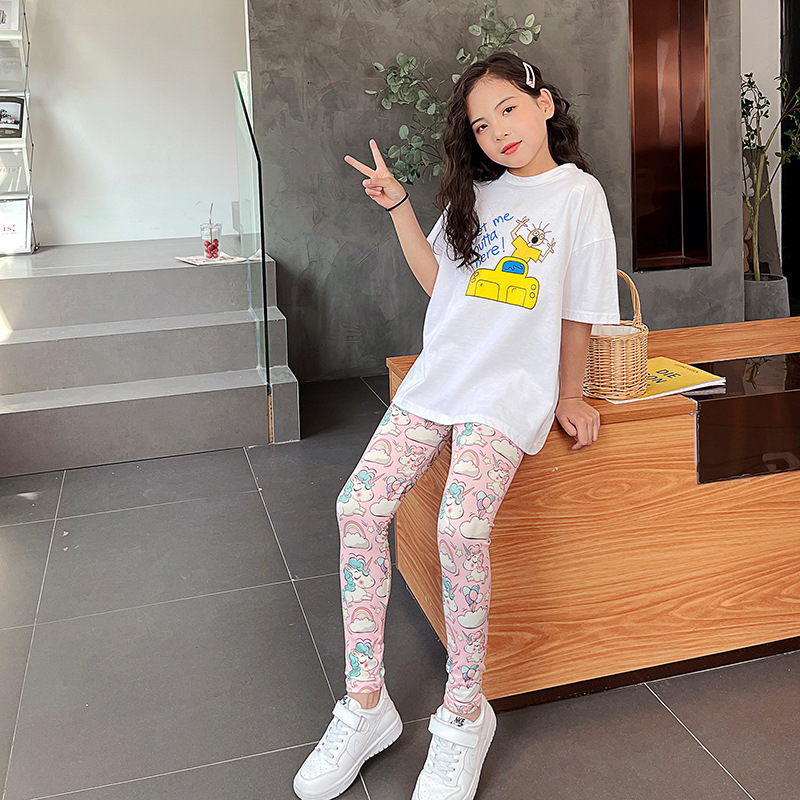 Cross-Border New Arrival Korean Style Cropped Pants Children's 3-11 Years Old Printed Colorful Girls' Leggings Thin Spring and Autumn Milk Silk