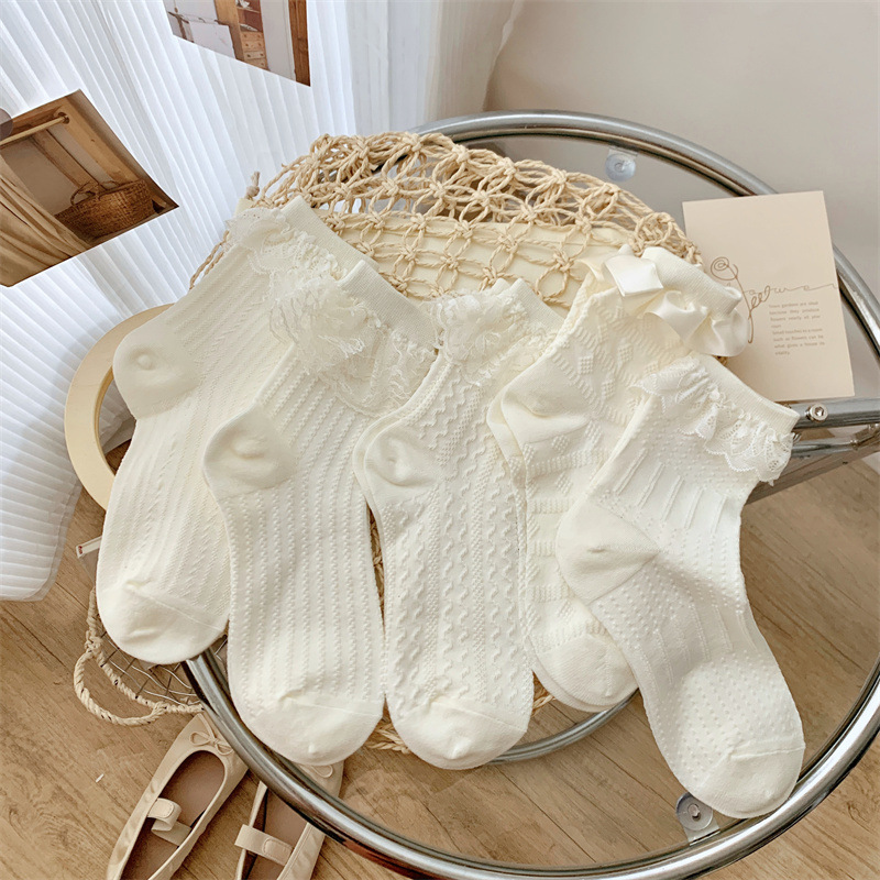 袜子女米色系洛丽塔花边女中筒袜ins潮日系jk风蕾丝堆堆袜lolita