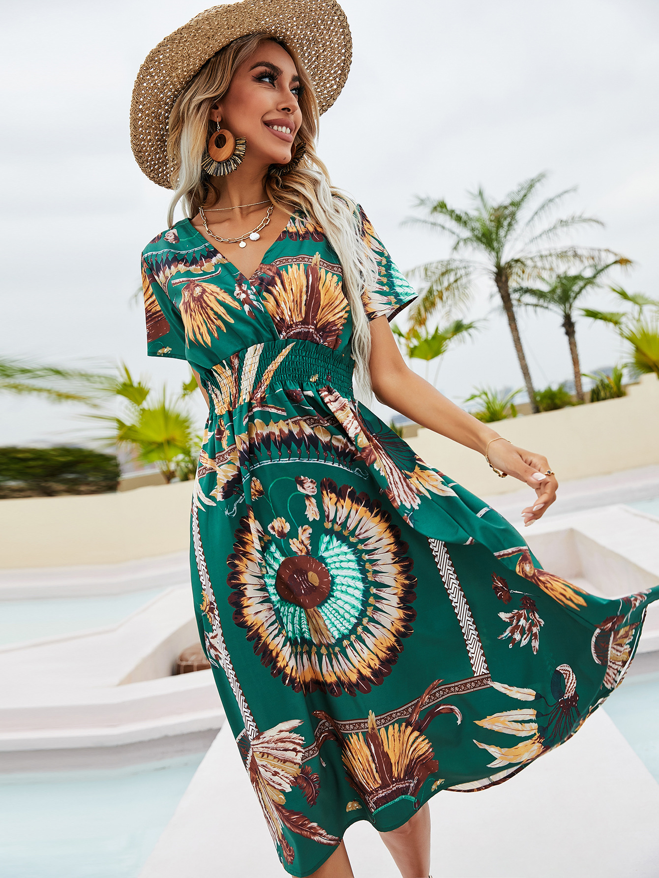 2021 亚马逊 花连衣裙多色收腰连衣裙-阿里巴巴