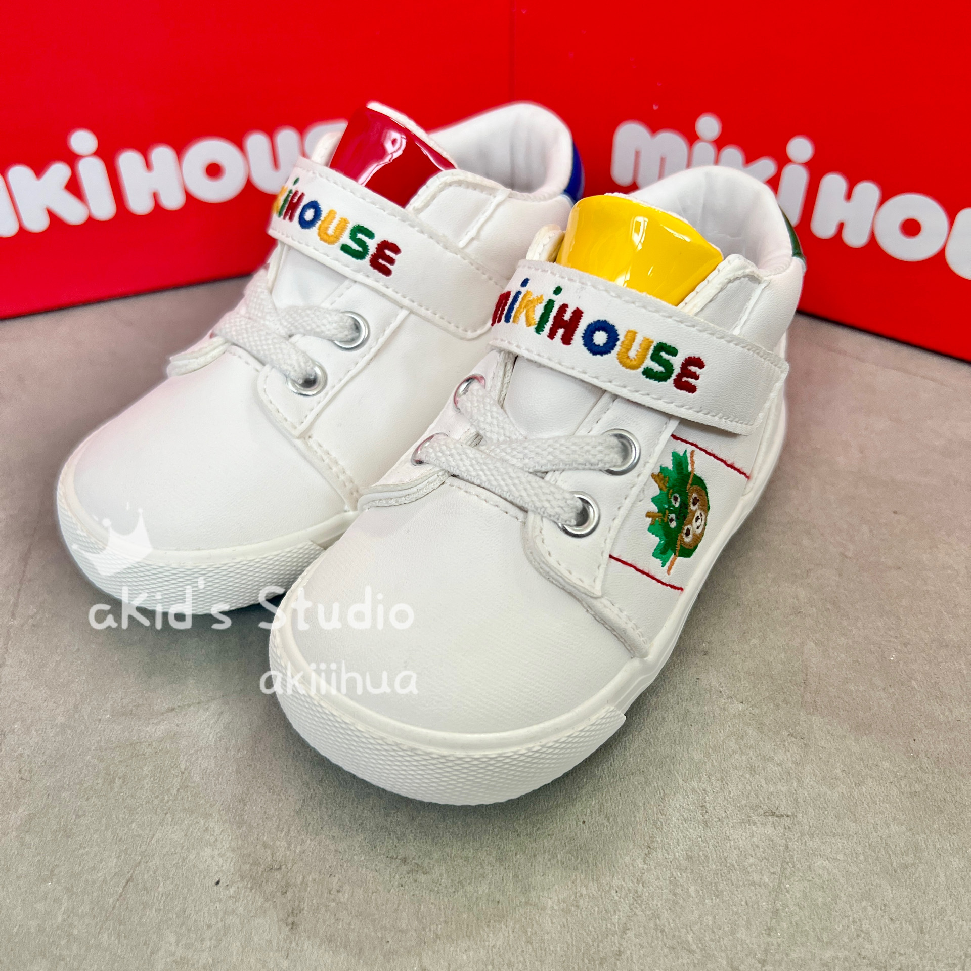 日单外贸童鞋 miki二段限量龙头刺绣魔术贴小白皮鞋橡胶底硫化鞋