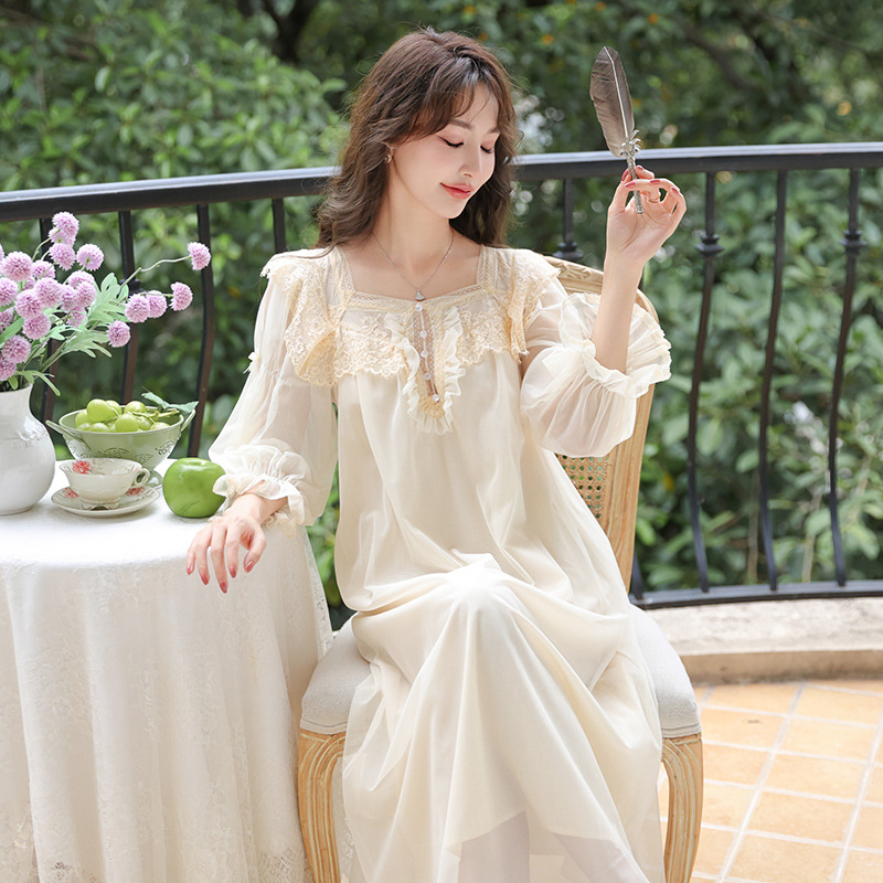 French Style Vintage Court Style Nightdress for Women 2023 Spring and Autumn Long Sleeve Mesh Modal High-Grade Long Pajamas for Women Autumn