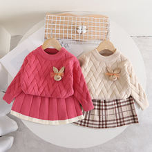 女童毛衣套裙秋冬天新款纯色小兔头针织两件套女宝宝反领长袖洋气