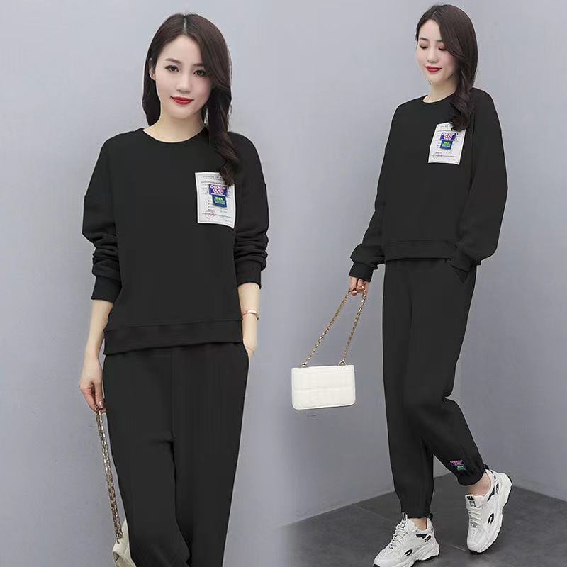 圆领标签卫衣休闲套装女秋冬宽松束脚长裤两件套跨境女装外贸批发