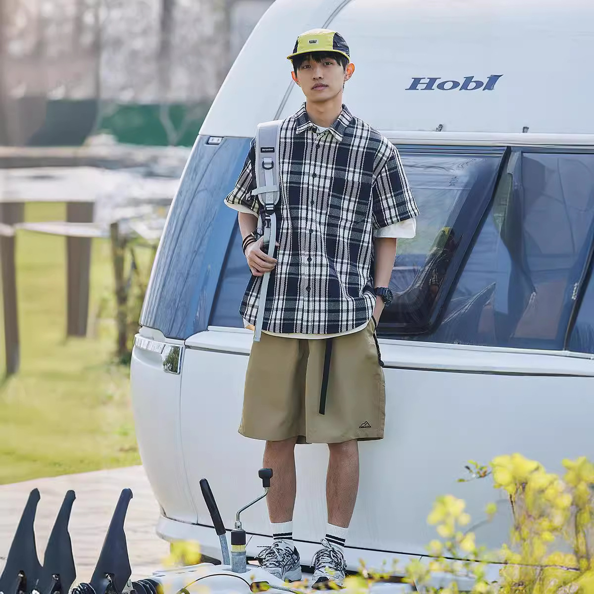 儒孟日系休闲夏季简约原创格纹山系衬衫短袖cityboy宽松男女t恤衫