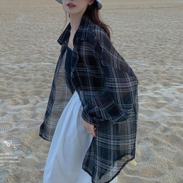 格子衬衫女夏2024新款薄款衣防晒衫设计感透视服衬衣外套开衫上衣