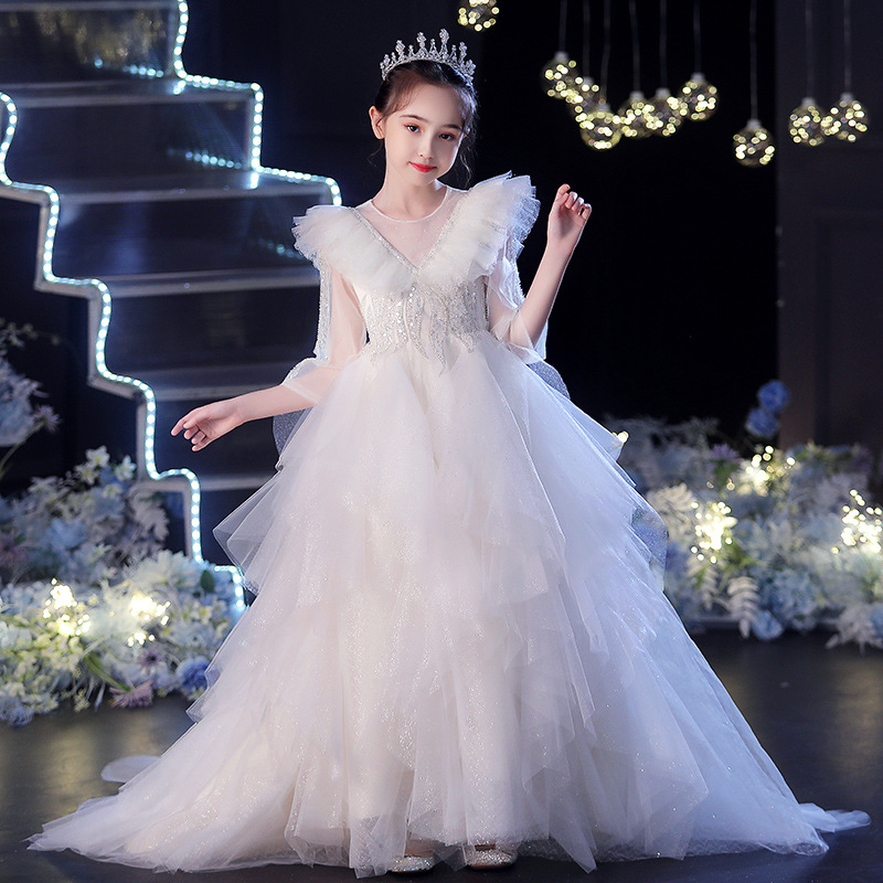 花童婚礼小女孩礼服女童拖尾公主裙高端小主持人女孩钢琴演出服冬