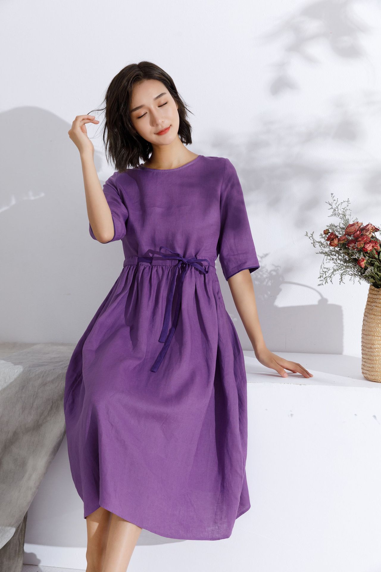 2021原创夏季大码文艺亚麻连衣裙女中袖中长款裙子棉麻宽松袍子