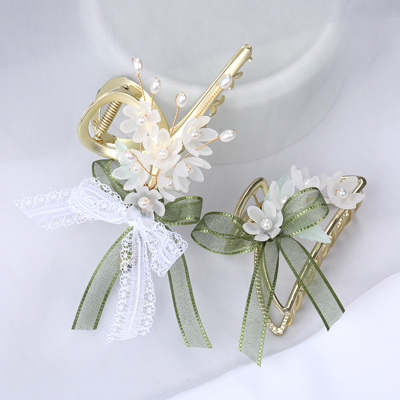 古风发饰后压鲨鱼夹发卡 汉服头饰后脑勺抓夹 复古铃兰花发夹丝带