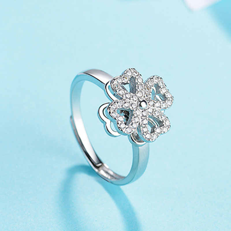 抖音同款旋转四叶草戒指 外贸潮流时来运转镶钻旋转开口指环批发