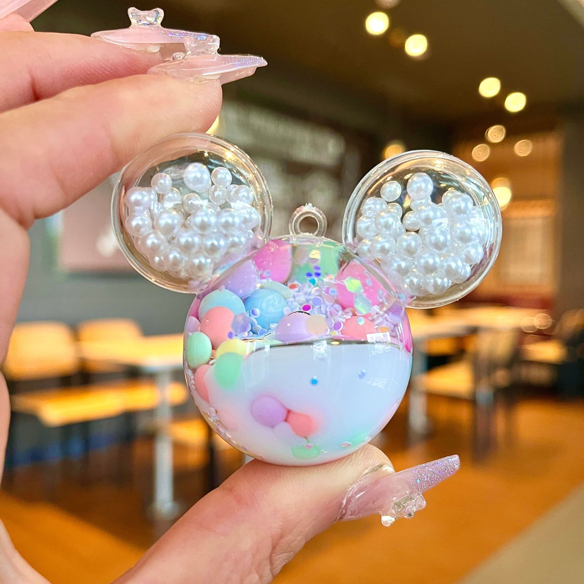 Creative Acrylic Oil Flowing Sand Bottle Luminous White Beads Mickey Head Lollipop Acrylic Accessories Pendant Wholesale