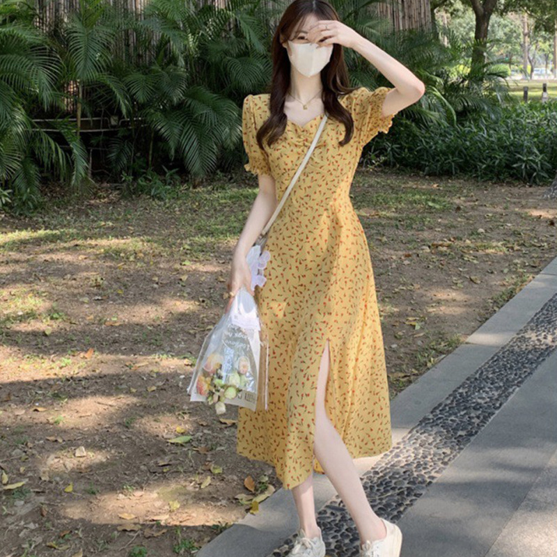 Yi Yi Summer Tian Fresh Floral Dress 2023 Summer Graceful Mori Short Sleeve Chiffon Mid-Length Fairy Dress