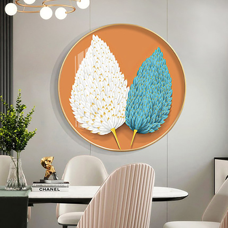 仿实物立体羽毛画北欧圆形画酒店饭店茶艺意境软装挂画圆框装饰画