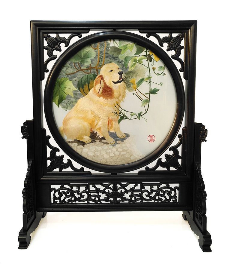 紫金湘绣双面绣摆件 纯手工刺绣牡丹熊猫紫檀木装饰摆台 出国送礼