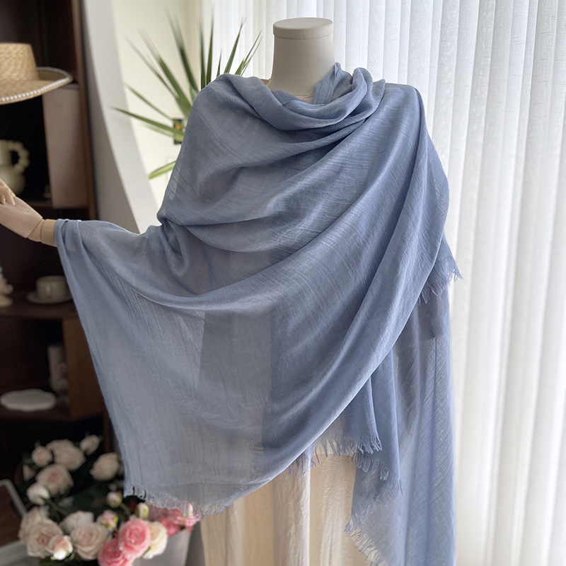 Cotton and Linen Solid Color Scarf Women's Summer Sun Protection Mid-Length Scarf Japanese and Korean Artistic Beach Scarf Travel Scarf Talma