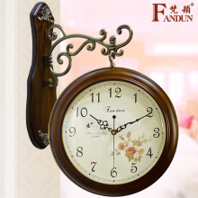 欧式双面挂钟创意客厅仿古静音石英钟时尚复古挂表卧室个性木钟表