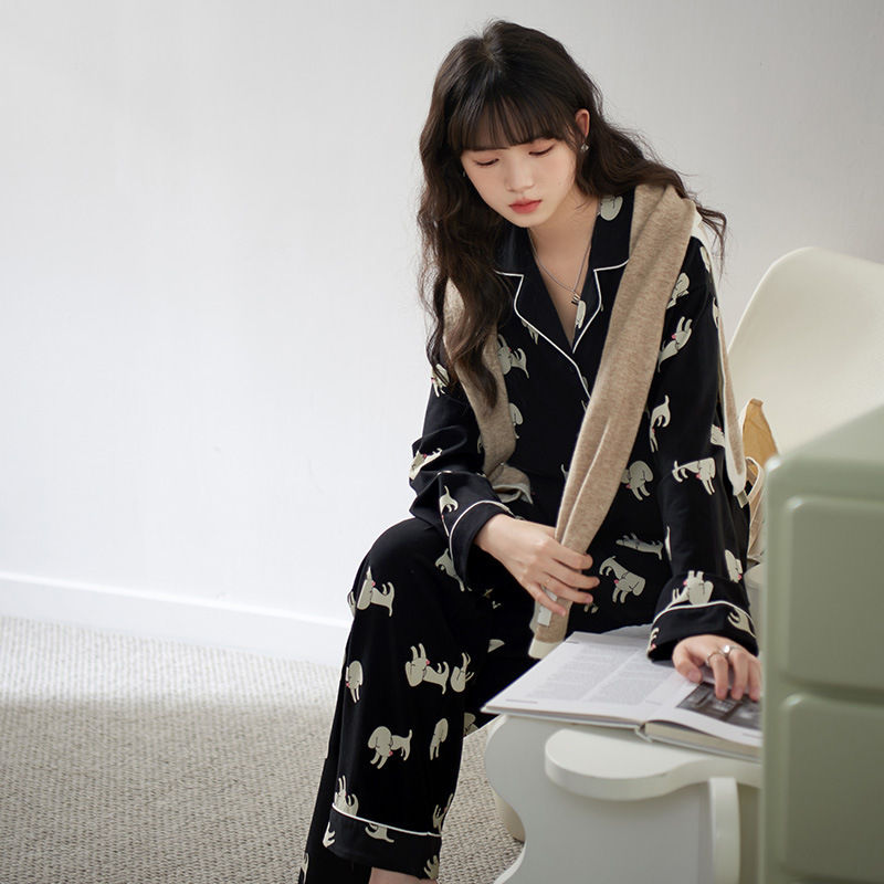Pajamas Autumn Women's Cute Cotton Long Sleeve Spring and Autumn Cartoon Casual Korean Style Outerwear Homewear Loose Skin-Friendly
