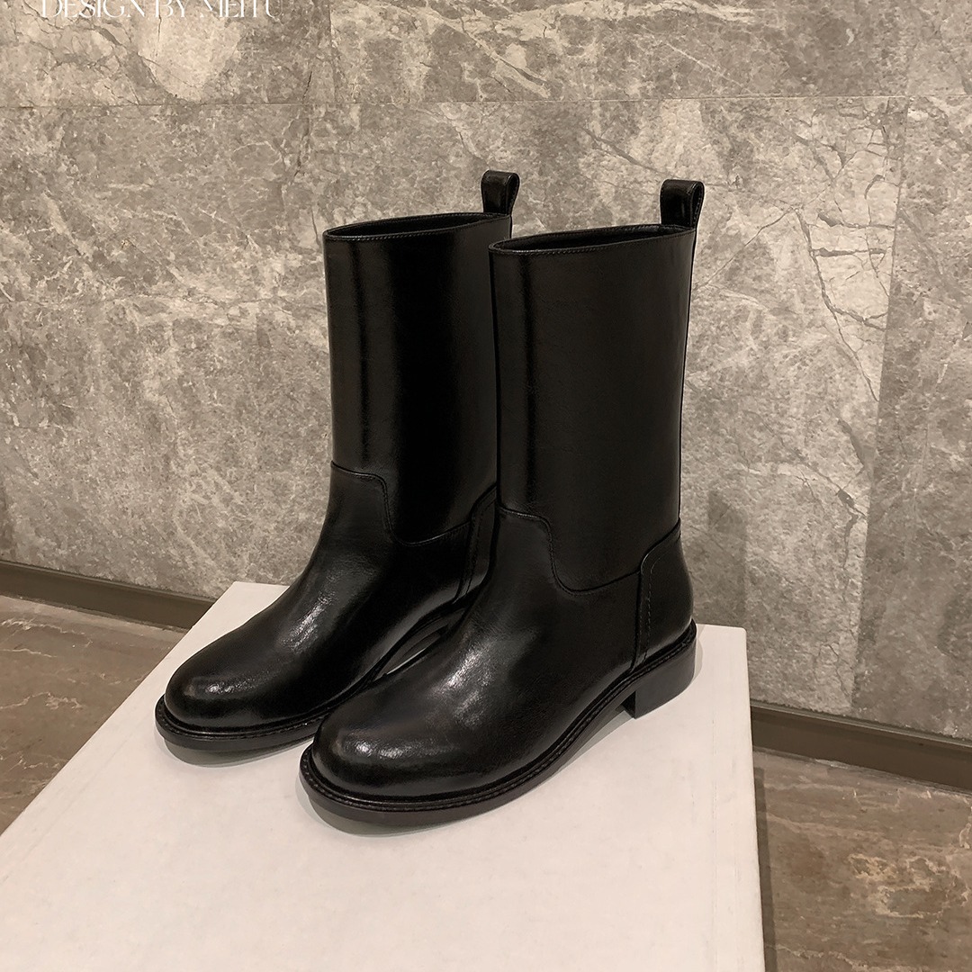 高级感牛皮版~苏茵茵同款韩国真皮宽松中筒西部短靴女机车马丁靴