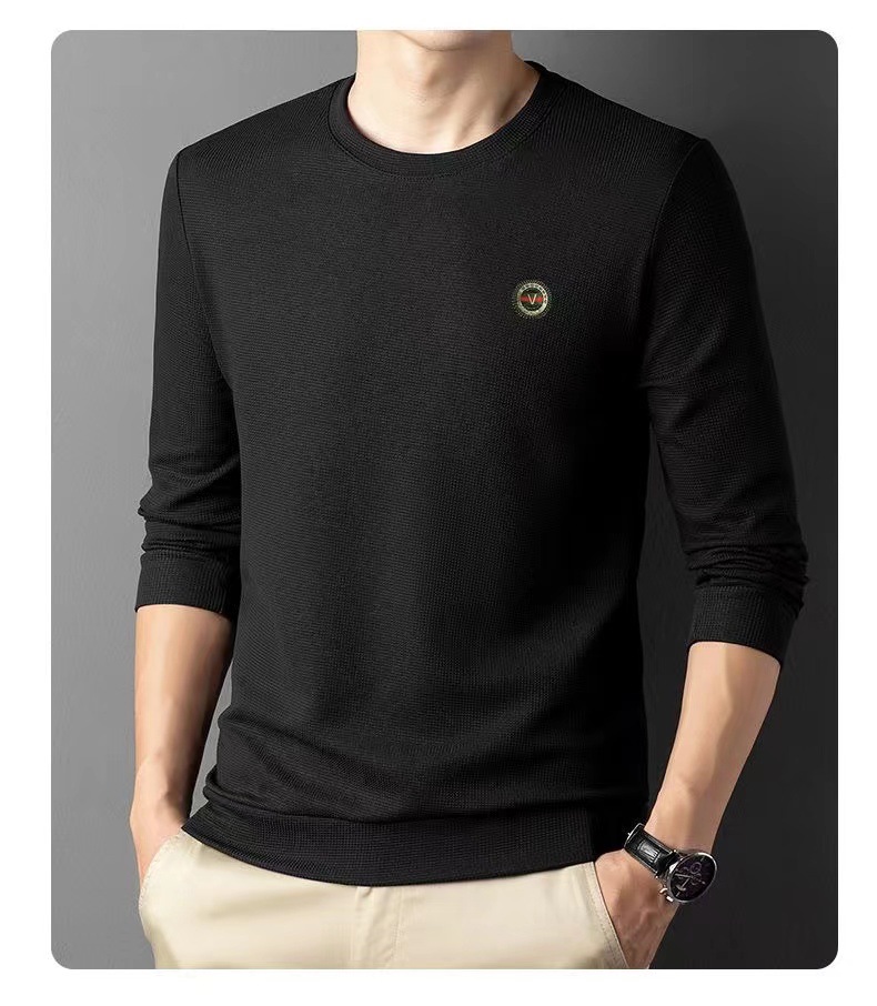 Long Sleeve Waffle T-shirt Men's 2023 Autumn New Young and Middle-Aged Men's round Neck Base Fashion Thin Sweater T-shirt