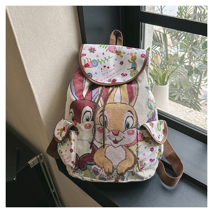 Ethnic Style Rabbit Backpack Leisure Animal Drawstring Bag Retro Women's Large Capacity School Bag Drawstring Bucket Bag