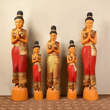 异丽亚风格木雕泰国餐厅迎宾女玄关人偶软装饰品泰式风情摆件