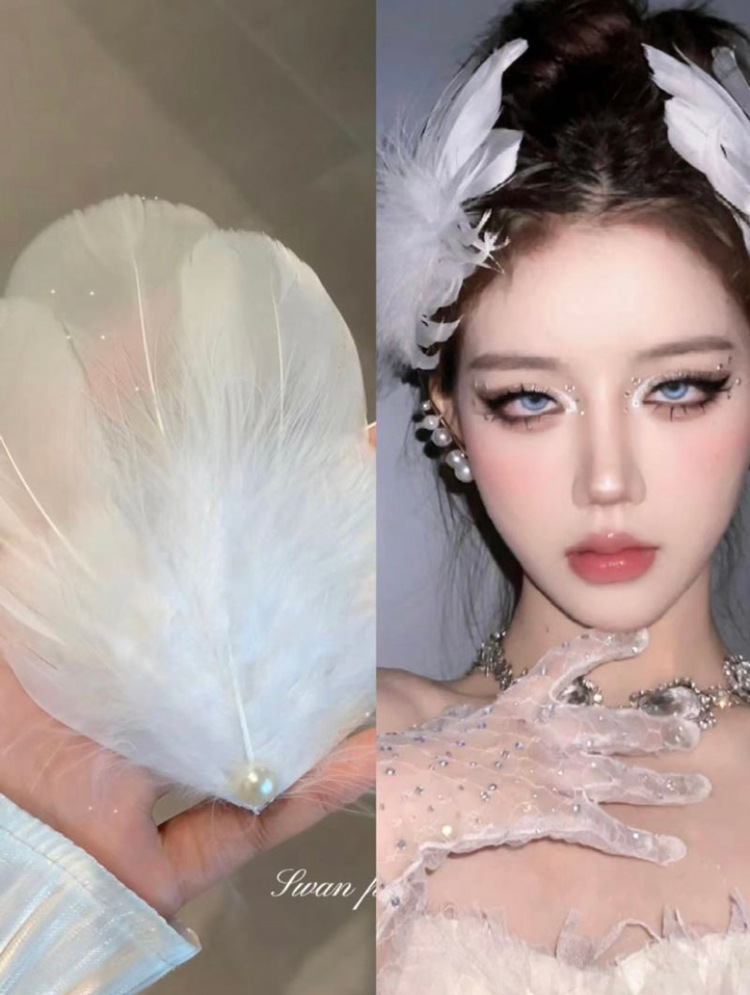 白天鹅仿妆羽毛发饰新娘结婚配饰珍珠耳夹耳饰高级感轻奢项链f284
