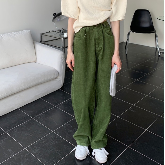 绿色灯芯绒裤子女春季2022新款宽松直筒高腰港风休闲阔腿裤潮ins