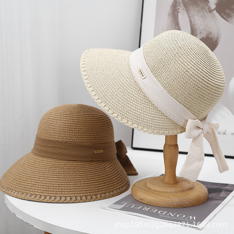 春夏新款蕾丝飘带蝴蝶结装饰宽檐鸭舌帽防晒遮阳草帽海边度假草帽