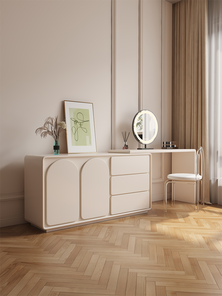 奶油实木床尾柜梳妆台一体现代简约卧室电视柜化妆桌组合斗柜网红