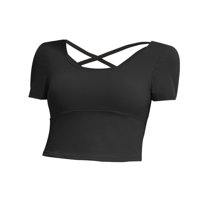 European and American Short Sports Short-Sleeved T-shirt Women's Running Belt Chest Pad Cross Beauty Back Yoga Vest Tight Fitness Top